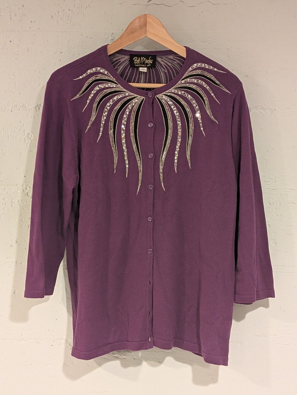 Bob Mackie Wearable Art Purple Beaded Sequin Cardigan Sunburst Vintage Sweater L